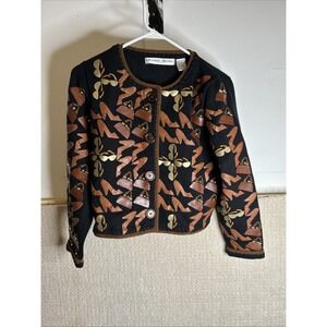 Michael Simon Black Brown Shoe Purses Glasses  Cardigan Sweater sz S *RARE